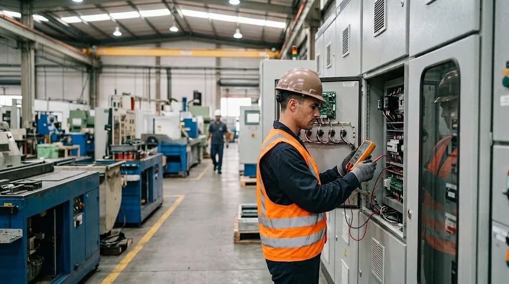 Técnico da Rotor realizando medição em quadro elétrico industrial